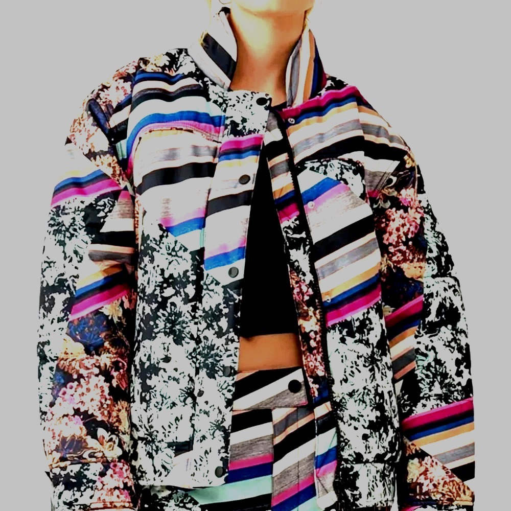 Free People® Bunny Slope™ Printed Puffer Jacket Women's L Black Diamond NWT